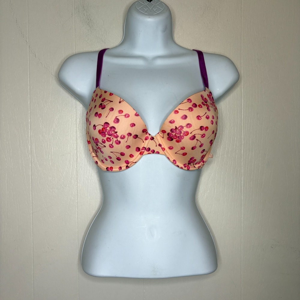 Victoria's Secret Lined Demi Bra 34D Peach Pink Cherry Fruit Underwired Coquette
